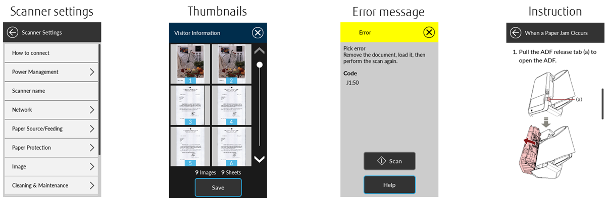 screenshots of the fi-7300nx scanner's screen